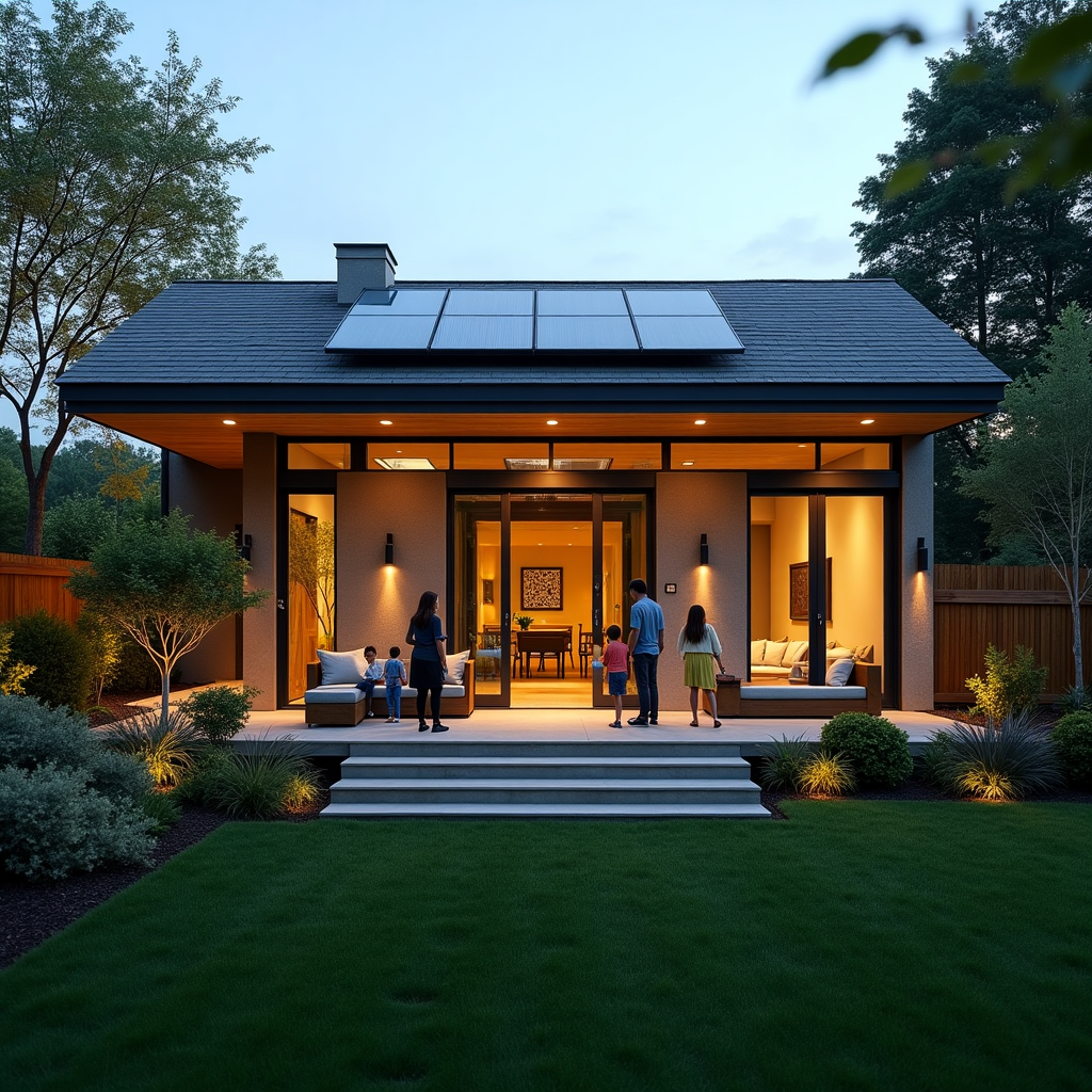 Hogar sostenible con paneles solares y jardín