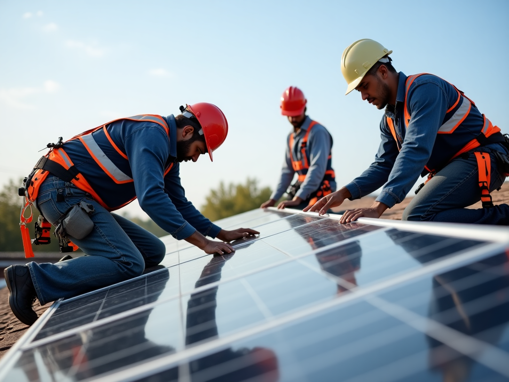 Proceso de instalación de paneles solares con técnicos trabajando